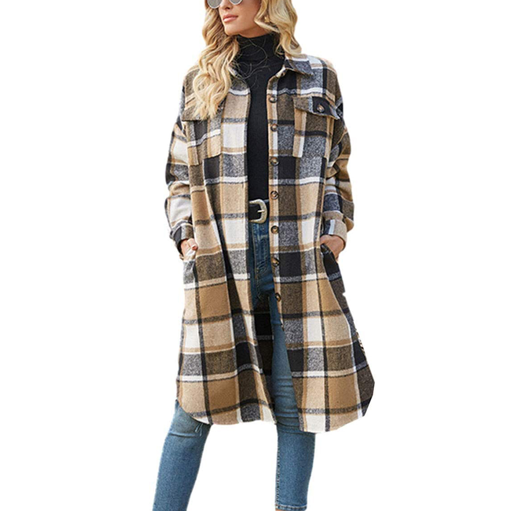 Womens Casual Wool Blend Plaid Button Down Jacket Flannel Long Sleeve Lapel Pocketed Shacket Coats от DHgate WW