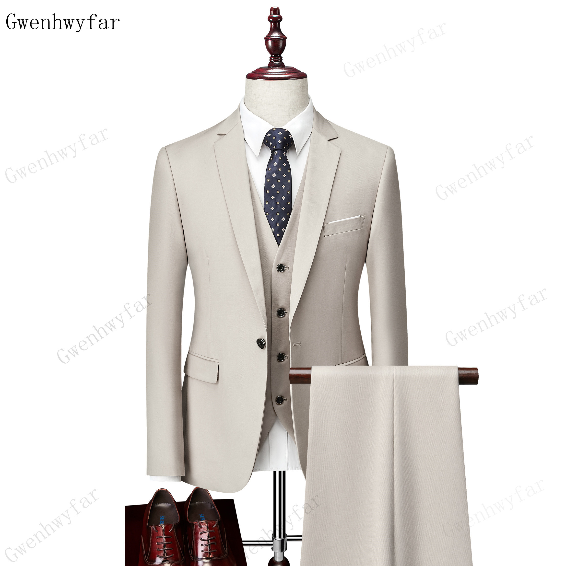 Gwenhwyfar Wedding Suits (Jacket+pants+Vest) Best Men 3 pieces fashion Khaki suit wedding groom groomsmen multiple colour 201105