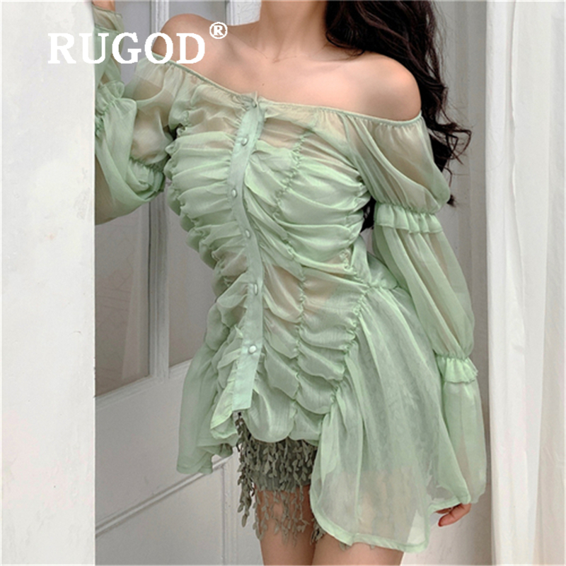 RUGOD Office ladies light green chiffon blouse sexy off shoulder sweet long sleeve shirts Fashion singlebreasted irregula tops T200321