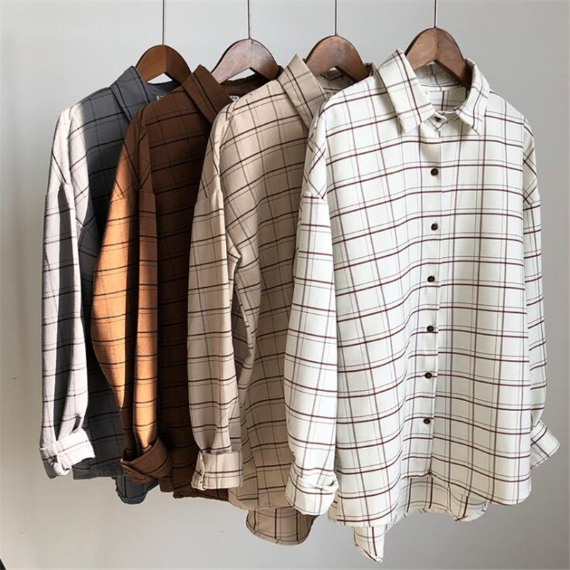 Loose Cotton Checkered Plaid College Blouses Shirt Cage Female Long Sleeve Casual Women Blouse Shirt Office Lady Tops T200319