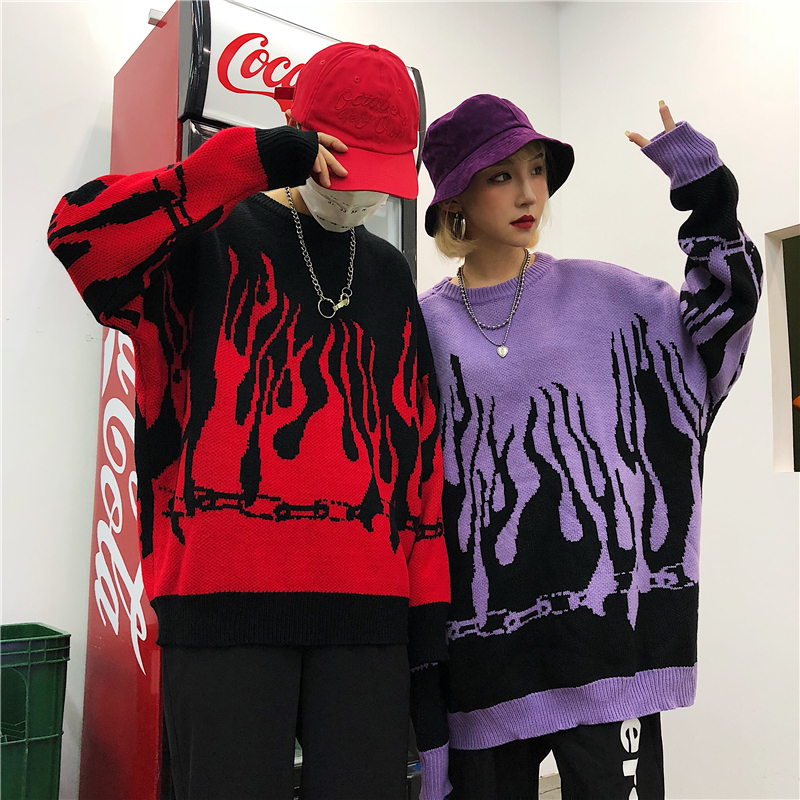 Woherb Oversize Sweater Harajuku Hip Hop Flame Fire Pullover Autumn Winter Man Women Loose Jumper Fashion Unisex Streetwear 201111