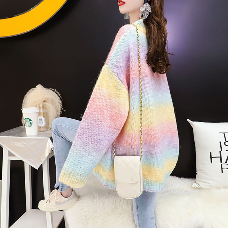 Lucyever Kawaii Women Sweater Pullover Rainbow Girls Japanese Knitted Jumper Loose Oversize Autumn Long Sleeve Pink Top 201222