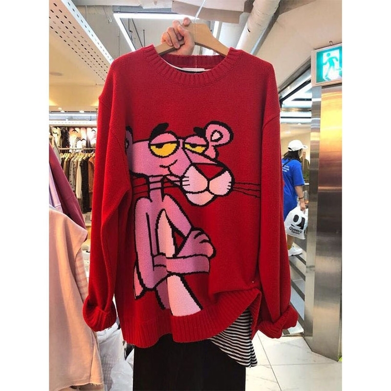 Cartoon Pink Red Plus Size Women Sweater Loose Korean Pullover Tops Fashion Leopard Long Sleeve Female Knit Sweaters Winter 201201