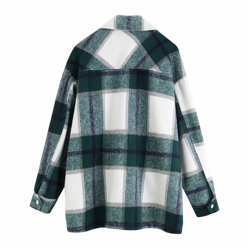 Vintage Stylish Pockets Oversized Plaid Jacket Coat Women Fashion Lapel Collar Long Sleeve L fashion shirt jacket 201112
