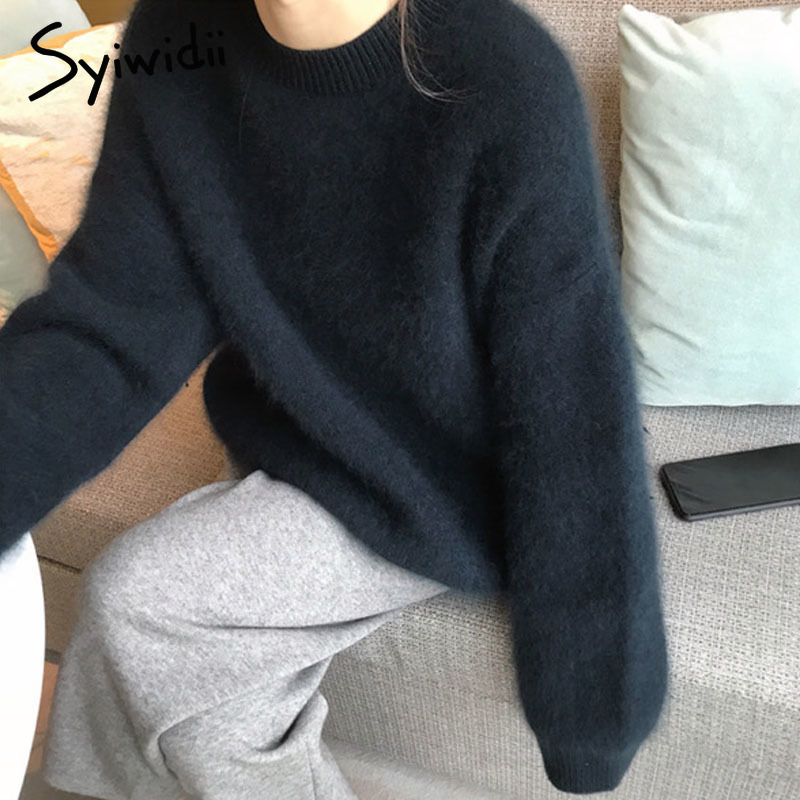 Syiwidii Pullovers Knit Sweater Women Winter Clothes Batwing Sleeve Faux Fur Thicken Plus Size Korean Top Oversize Black 201130