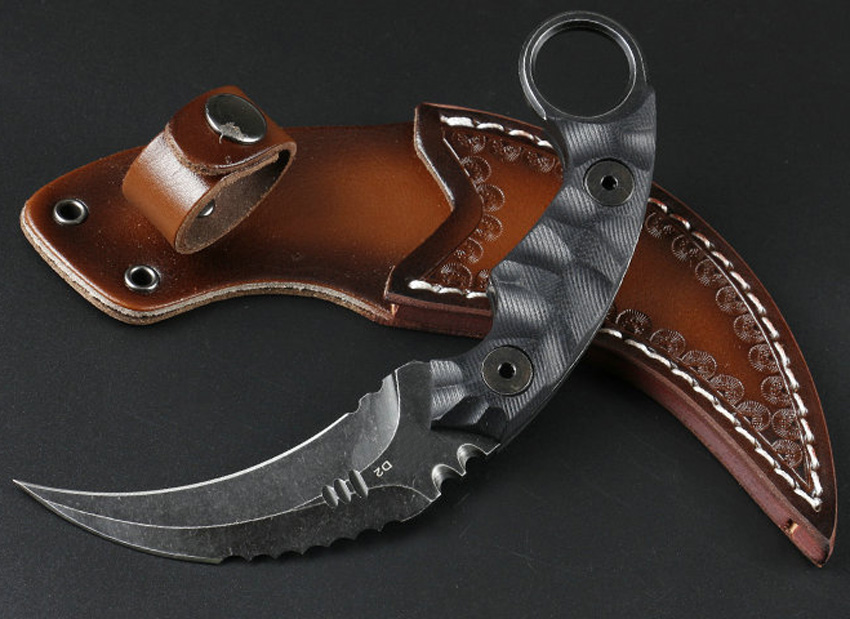High Quality Karambit Knife D2 Satin / Stone Wash Blade Black Full Tang G10 Handle Claw Knives With Leather Sheath