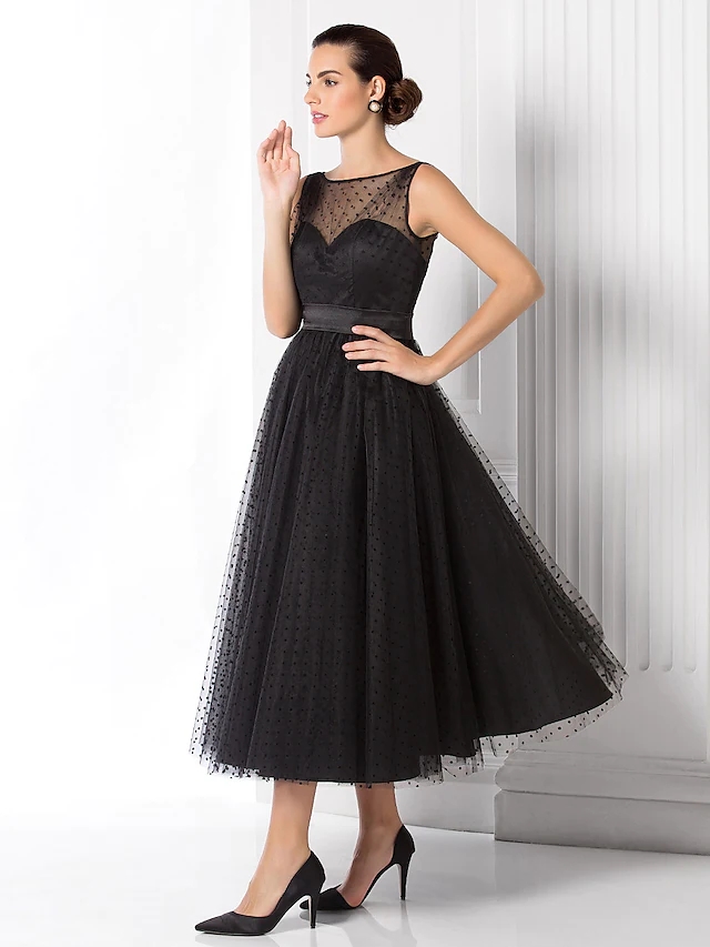 2022 A-Line Vintage Black Engagement Formal Evening Dress Illusion Neck Sleeveless Tea Length Dot Tulle Prom Party Gokwn Vestido De Fiesta robe de soi