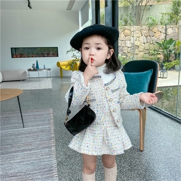 2020 Autumn New Arrival Gils Fashion Tweed 2 Pieces Suit Coat+skirt Girls Clothes Kids Clothes Y1106