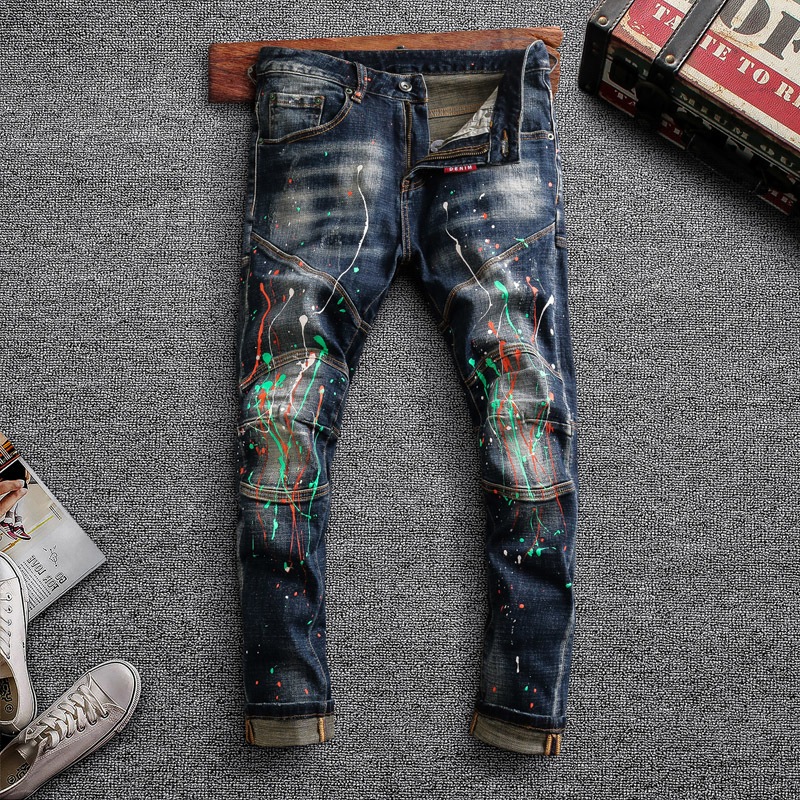 2021 New American Streetwear Fashion Men Jeans High Quality Elastic Slim Fit Spliced Designer Painted Denim Hip Hop Trousers Biker Pants Et4, Retro dark blue
2021 New American Streetwear Fashion Men Jeans High Quality Elastic Slim Fit Spliced Designer Painted Denim Hip Hop Trousers Biker Pants Et4, Retro dark blue