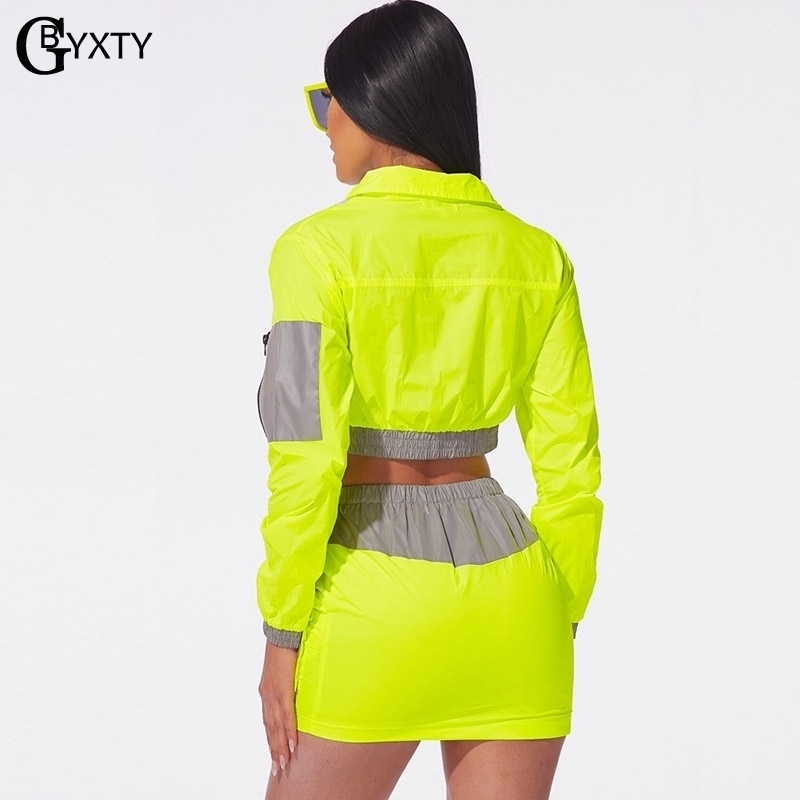 GBYXTY Neon Green Two Piece Skirt Set Fashion Reflective Set Women Autumn Long Sleeve Jacket and Skirt 2 Piece Set Outfits ZL390 T200325