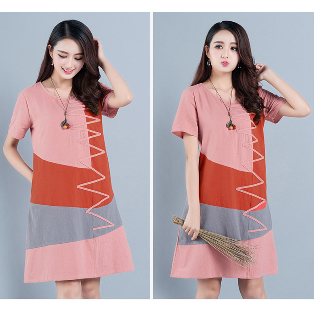 Supermiss Women Linen Summer Dress Plus Size Elegant Long Top New Casual Cotton Ladies Patchwork Short Sleeve Dresses T200603