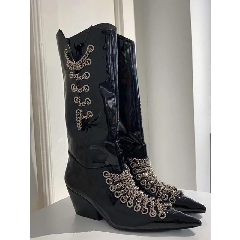 Women's Mid-calf Boots Knight Motorcycle High Heels Metal Chain Decoration Pointed Toe Patent Leather Shoes M34, Plush lining
Women's Mid-calf Boots Knight Motorcycle High Heels Metal Chain Decoration Pointed Toe Patent Leather Shoes M34, Plush lining