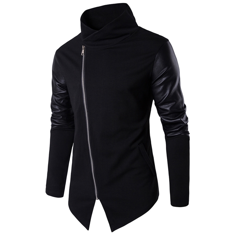 Turtleneck Sweater Men Fashion Patchwork PU Leather Sleeve Long Mens Cardigans Casual Slim Zipper Black Pull Homme 201221