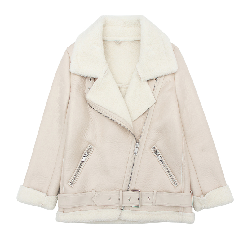 Ly Varey Lin New Women Lamb Fur Faux Leather Jacket Coat Turn Down Collar Winter Thick Warm Oversized Zipper With Belt Outerwear 201020