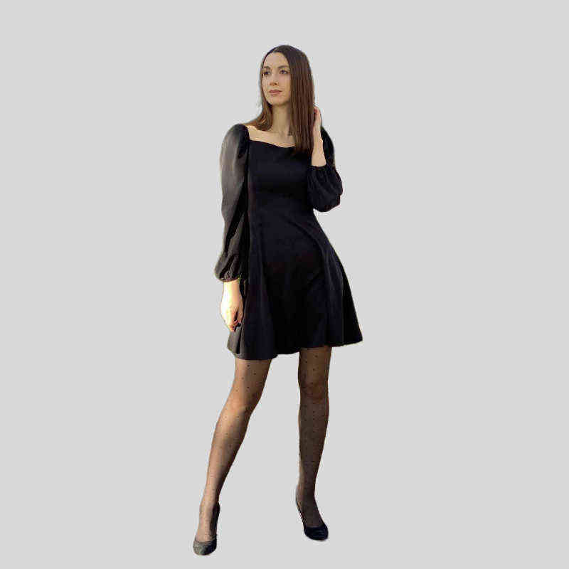 CHURSES Solid Casual Spring Mini Dress Puff Sleeve Square Neck Elegant Slim Party Dress Ladies Vintage A Line Women Dresses 2022 211221