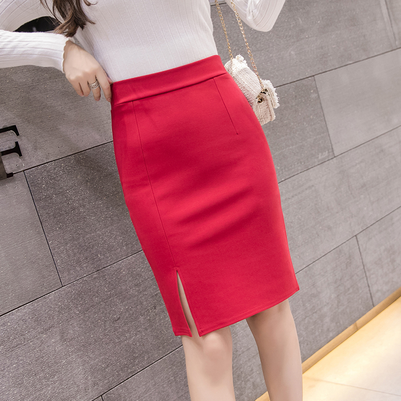 New Fashion Women Office Formal Pencil Skirt Spring Summer Elegant Slim Front Slit Midi Skirt BlackGrayRed OL Skirts T200324