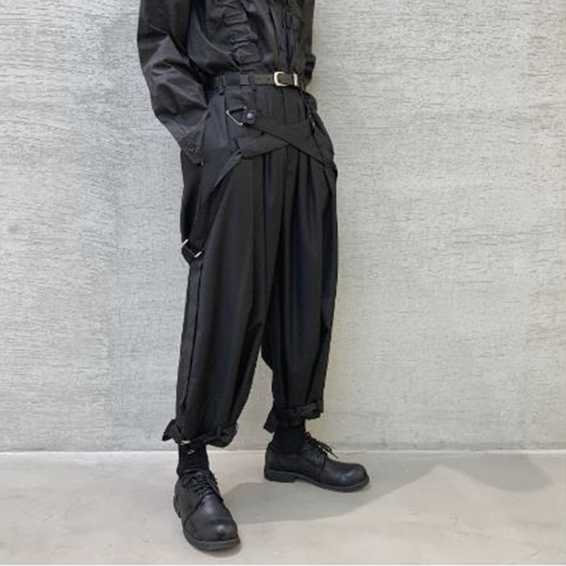 Men Japan Streetwear Punk Gothic Bandage Casual Harem Pant Male Vintage Hip Hop Wide Leg Trousers Stage Clothing Kimono Pant 201128