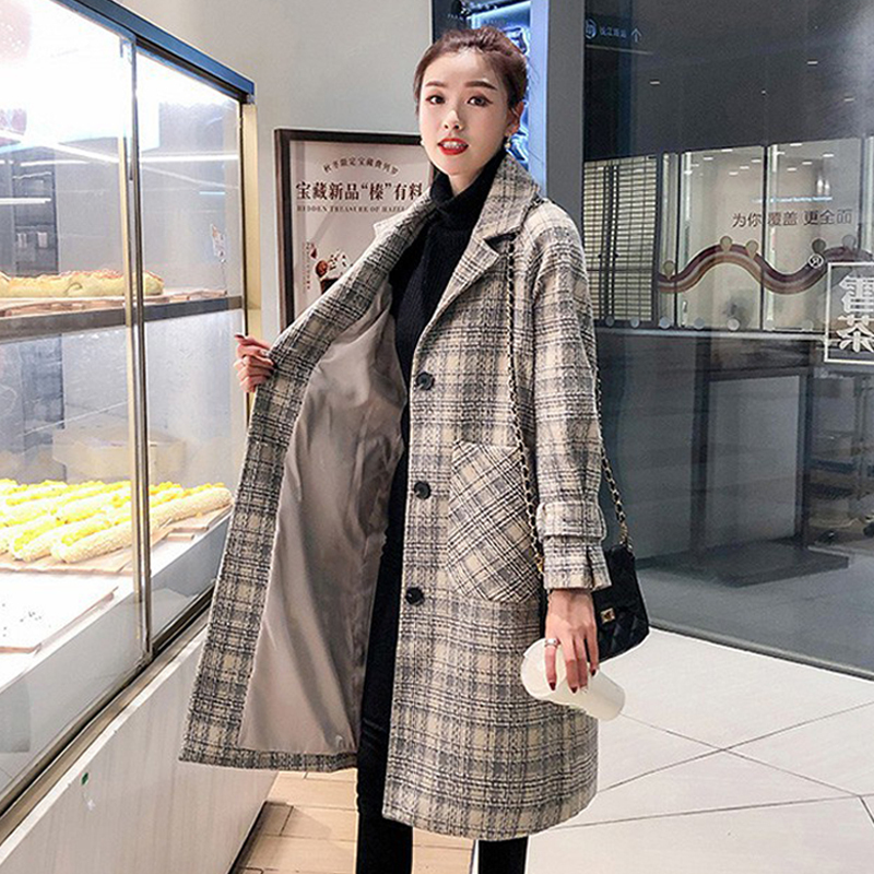 Autumn Winter Women Warm Wool Coat Elegant Plaid Single Breasted Blends Outwear Female Big Pocket Loose Mid-long Coat 201215
