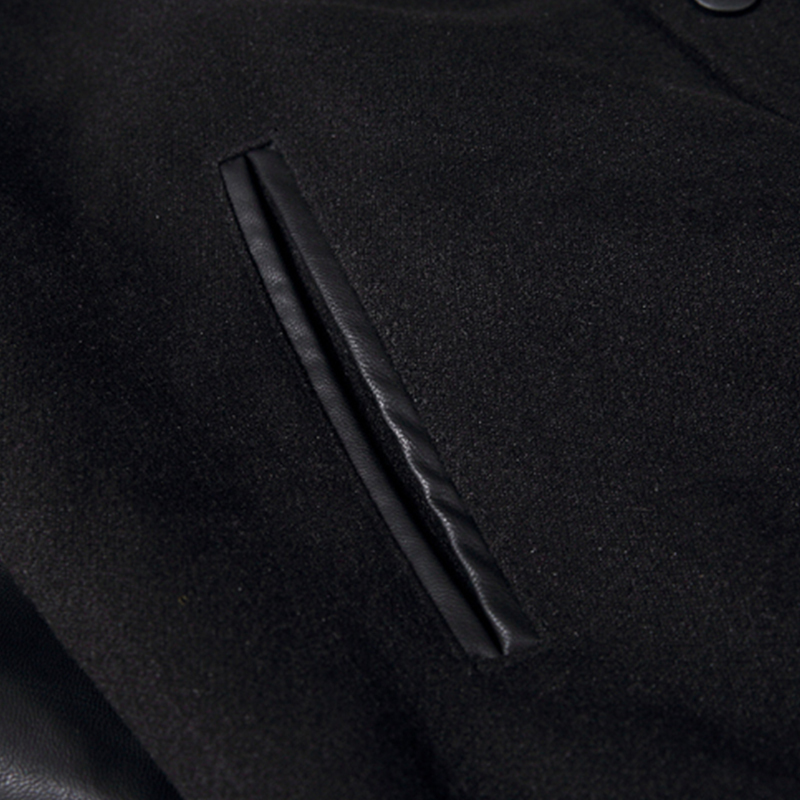 Men PU Leather Sleeve Woolen Varsity Baseball Jacket Stand Collar Black Preppy Japan Style Male Outerwear Autumn 201130