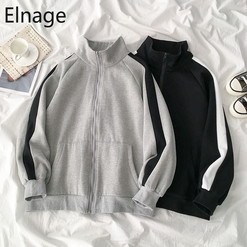 Korean Style Long Sleeve Zip Up Hoodies Spring Autumn Women Tops Loose Casual Sweatshirts Black Clothes Grey Moletom Thick 5B242 T200525
