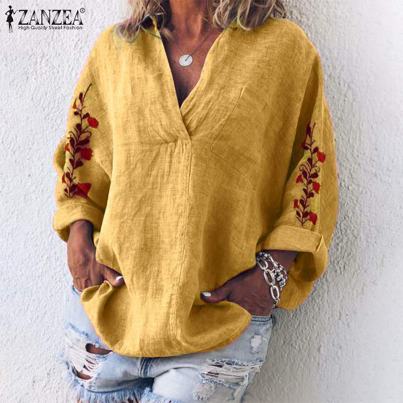 2019 Women Floral Embroidered Blouse Autumn Vintage Cotton Shirts Casual VNeck Long Sleeve Loose Tunic Tops Femme Blusas T200321