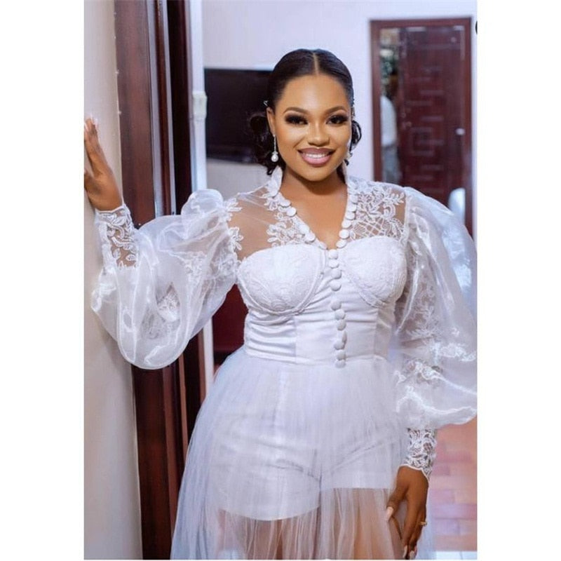 Puffy Long Sleeve Wedding Bodysuit with Long Skirt Sexy Lace Plus Size African Aso Ebi Bridal Reception Jumpsuit Dresses