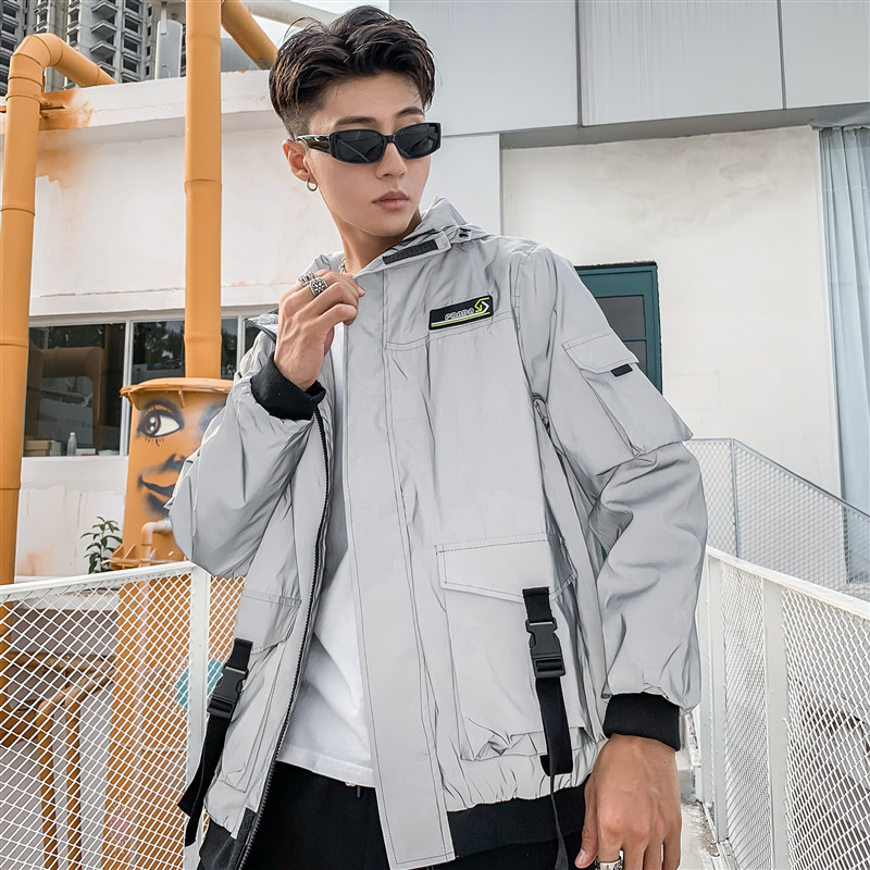 Men Night reflective gray Hooded Windbreaker Jacket male Streetwear Multi-pocket Ribbon Loose Casual Jackets Coats 201127