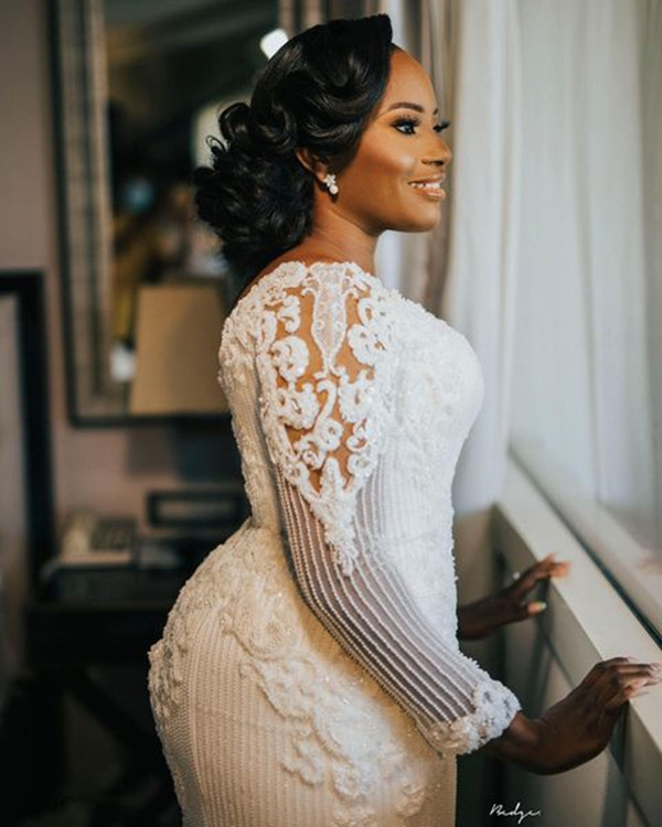 Long Sleeve Nara Aziza Wedding Dresses with Detachable Train Full Lace Floral Beaded Cathedral Train African Princess Bridal Gowns