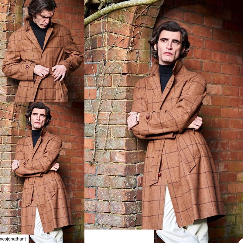 One Piece Orange Men Suits With Belt Wool British Plaid Custom Made Lapel Royal High Quality Handsome Formal Thick Business Long Coat