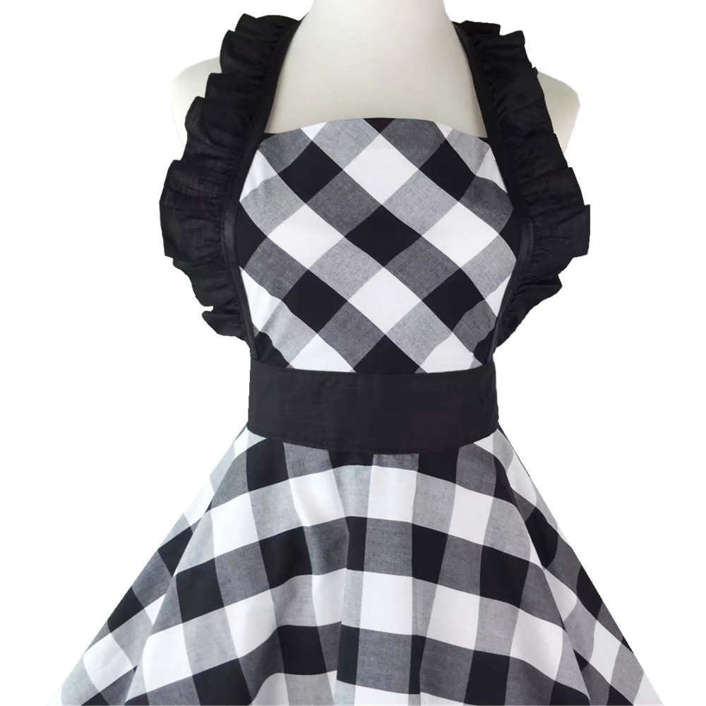XiuMood Woman's Apron For Home Kitchen Cooking Dining Accessory Black And White Buffalo Plaid Retro Full Aprons Bib F1214
