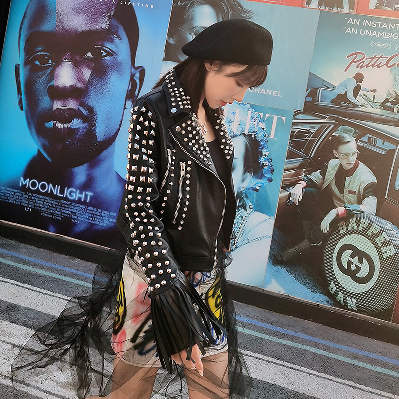 Rivet beading soft pu leather coats Women tassel stitching pu Leather Jacket Punk Rock Cropped Jackets faux leather coat F2190 201020