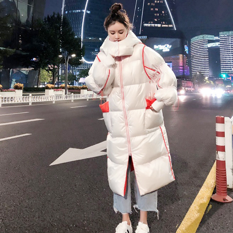 Winter new down jacket woman hooded bright face long runway show Korean version of loose casual white duck down coat 201030