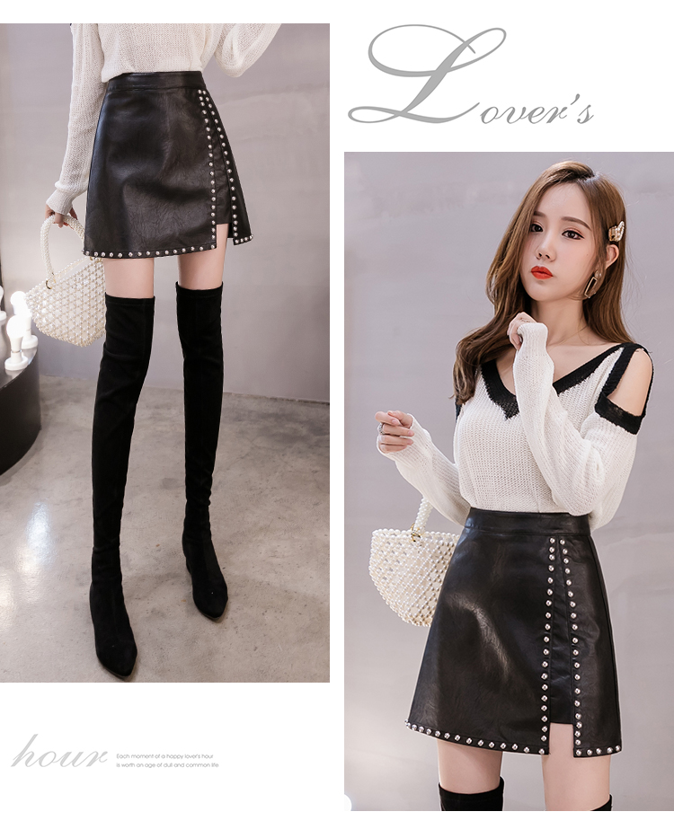 New design fashion womens high waist PU leather rivets patchwork sexy vent jag short pencil skirt boot cut plus size skirt SMLXLXXL3XL