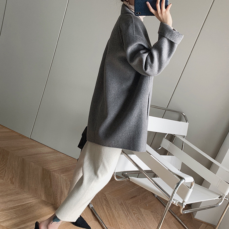 Women's Double-Breasted Wool-Blend Coat Turn-down Collar Long Sleeve Solid Color Jacket with Pockets 201221