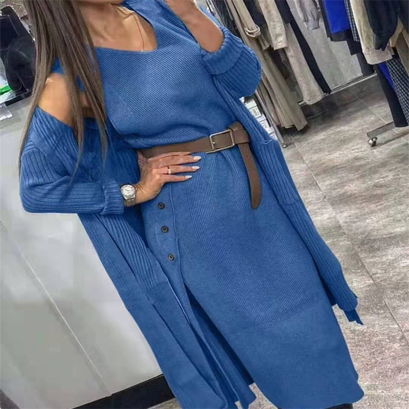 Taotrees Women's knitting Suit Two Piece Set Knit Cardigan Loose Sweater Coat with Belt 201031