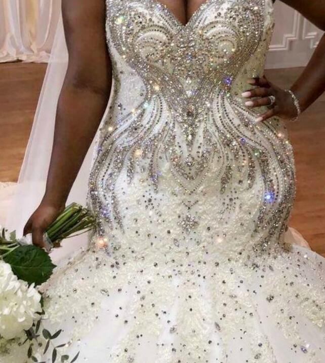 Arabic Plus Size Crystal Dresses Luxurious Sparkly Sequins Mermaid Bridal Gowns Beaded Custom Made Wedding Dress
