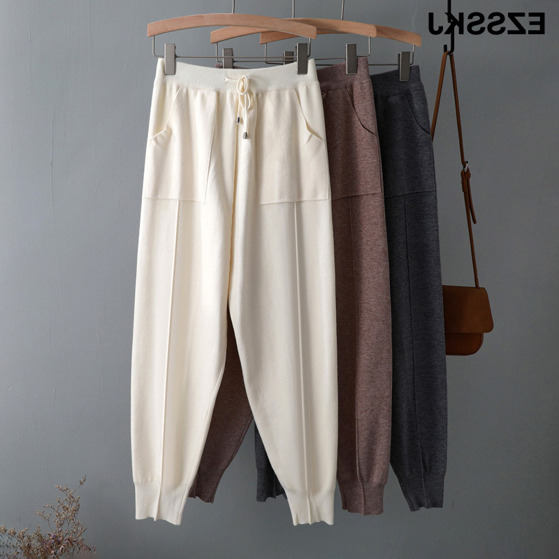 Harem winter Drawstring chic autumn Women Loose female Knitted knit Trousers With Pockets Radish Pants T200324
