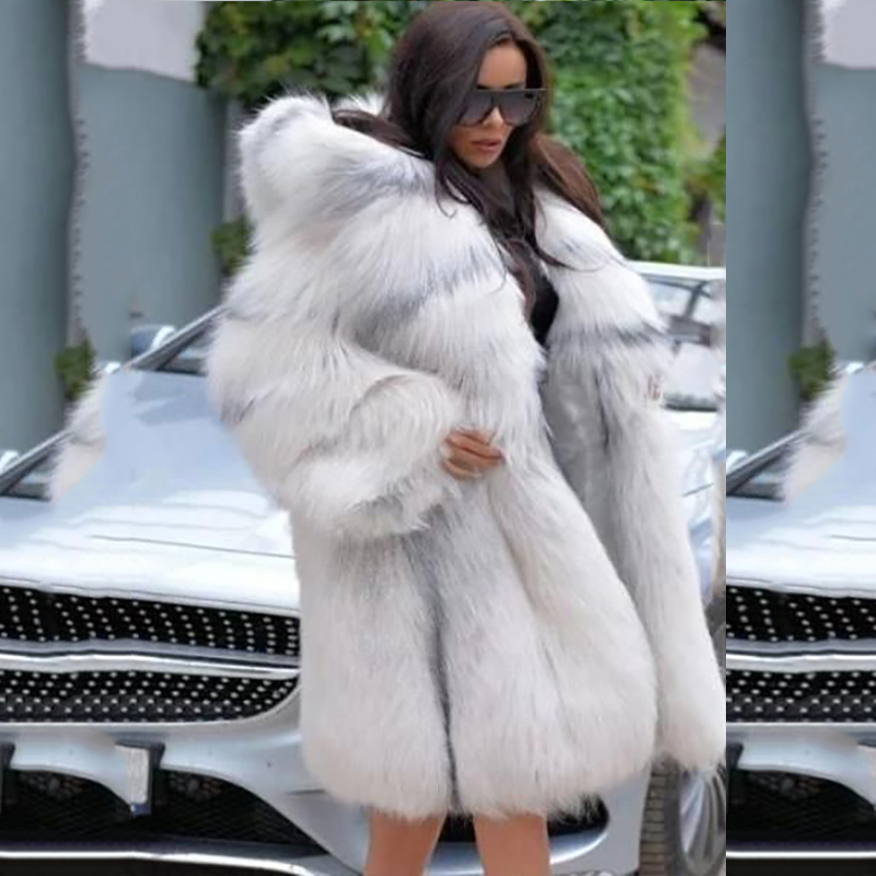 Women Coats Faux Fur Loose Collar Long Coat Fashion Winter Thick Warm Hooded Casual Natural Color Open Stitch Jackets 201110
