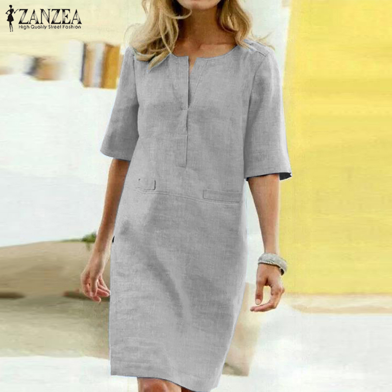 ZANZEA Shirt Dress Women's Summer Sundress Vintage Casual Tunic Vestidos Elegant Female Half Sleeve Party Robe Plus Size T200613