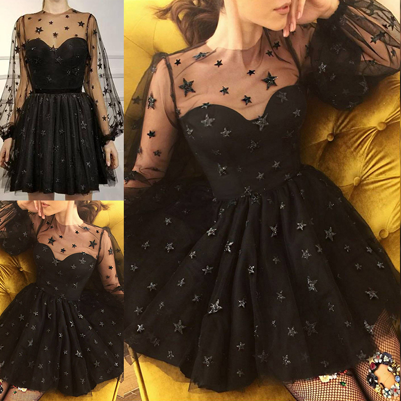 Women Sequin Star Print Tulle Dress Ladies Mesh See-Through Tail Party T200320