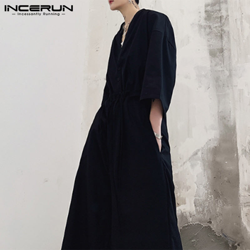 INCERUN Fashion Men Wide Leg Jumpsuit Solid Punk V Neck Half Sleeve Overalls Streetwear Mens Pants Baggy Casual Rompers 5XL 200930