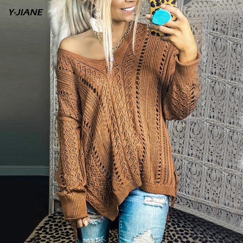 Women Knitted Sweater 2020 Winter Thick Ribbed Pullover Sweaters Long Sleeve V-neck Slim Jumper Soft Warm Pullover Femme #G3, Brown