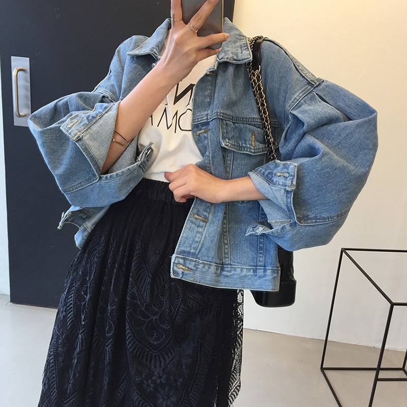 OCEANLOVE Chic All Match Women Jacket Puff Sleeve Short Vintage Spring Chaqueta Mujer Korean Pleated Denim Jacket 14987 201017