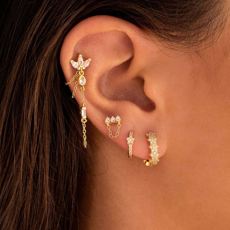 2024 Fashion Tassel Chain Tear Drop CZ Romantic Women Earring Triple Row Cross Chain Multi Piercing Women Earrings High quality
