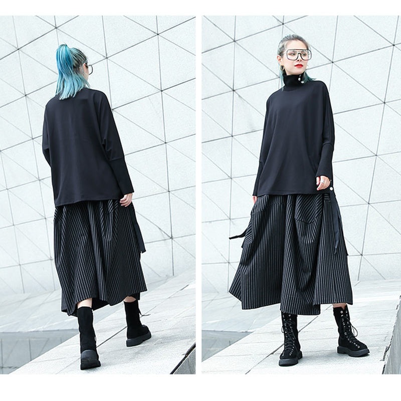 [EAM] New Spring Autumn High Elastic Waist Black Striped Big Pocket Stitching Wide Leg Pants Women Trousers Fashion JH787 201106