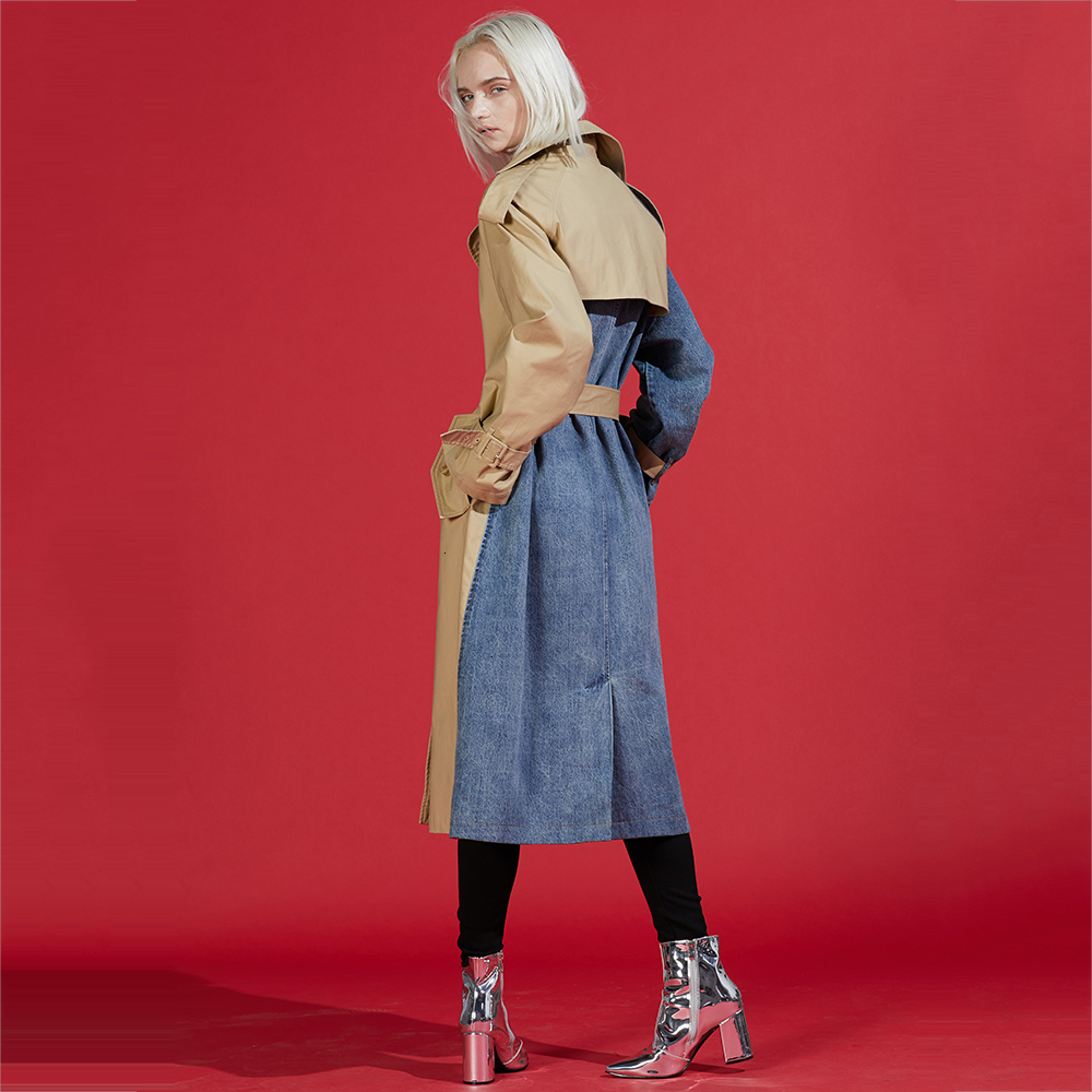LANMREM autumn New Products Turndown Collar Spliced Denim Patchwork Windbreaker Female Trench WJ26604M 201111
