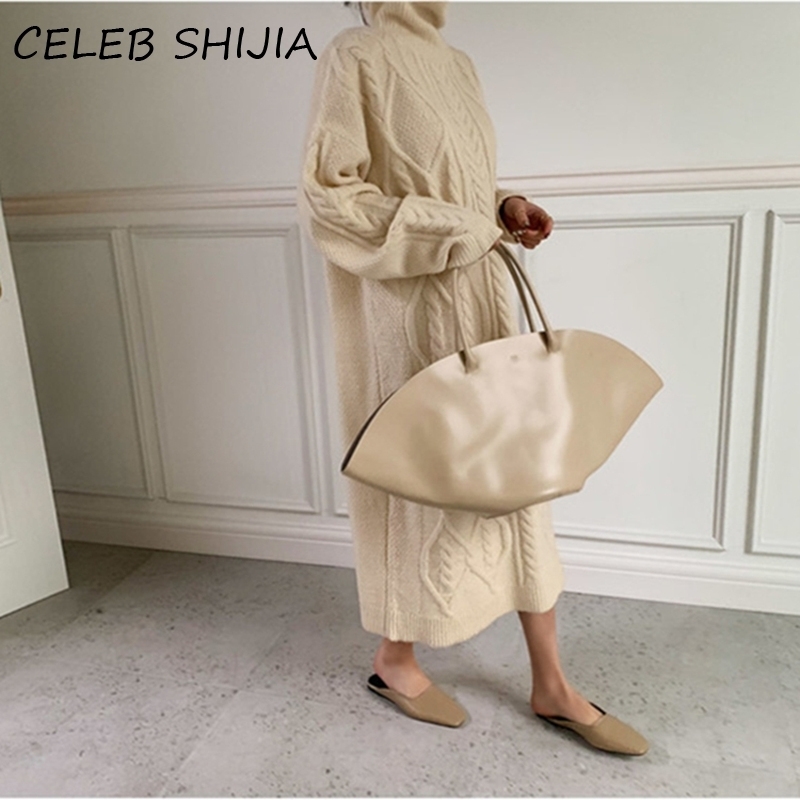Chic Fashion Turtleneck Long Knitted Jumper Dress Woman full sleeve Looose autumn winter khaki sweater dress female 201030