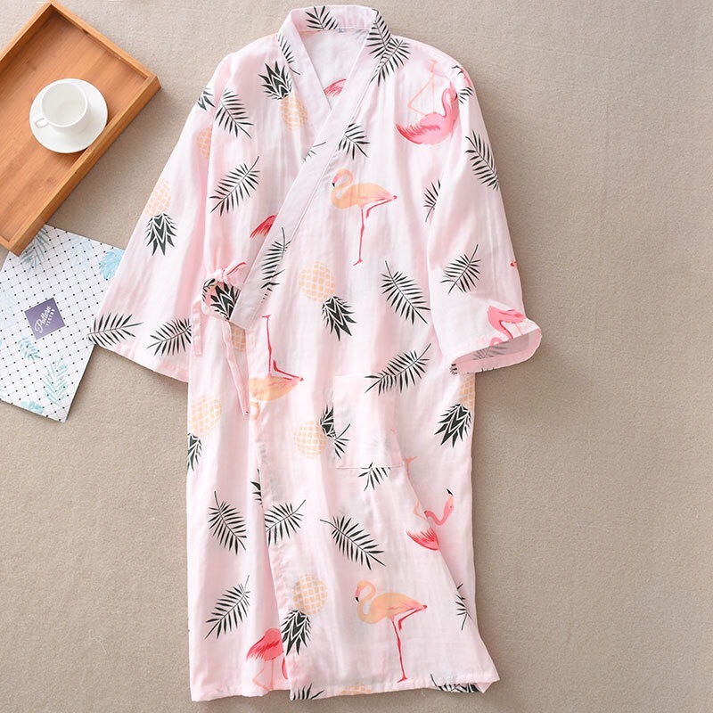 Summer Autumn 100% Cotton Robes Double Gauze Kimono Nightgown Simple Nature Flamingo Thin Section Loose Large Size Home Bathrobe 210203
