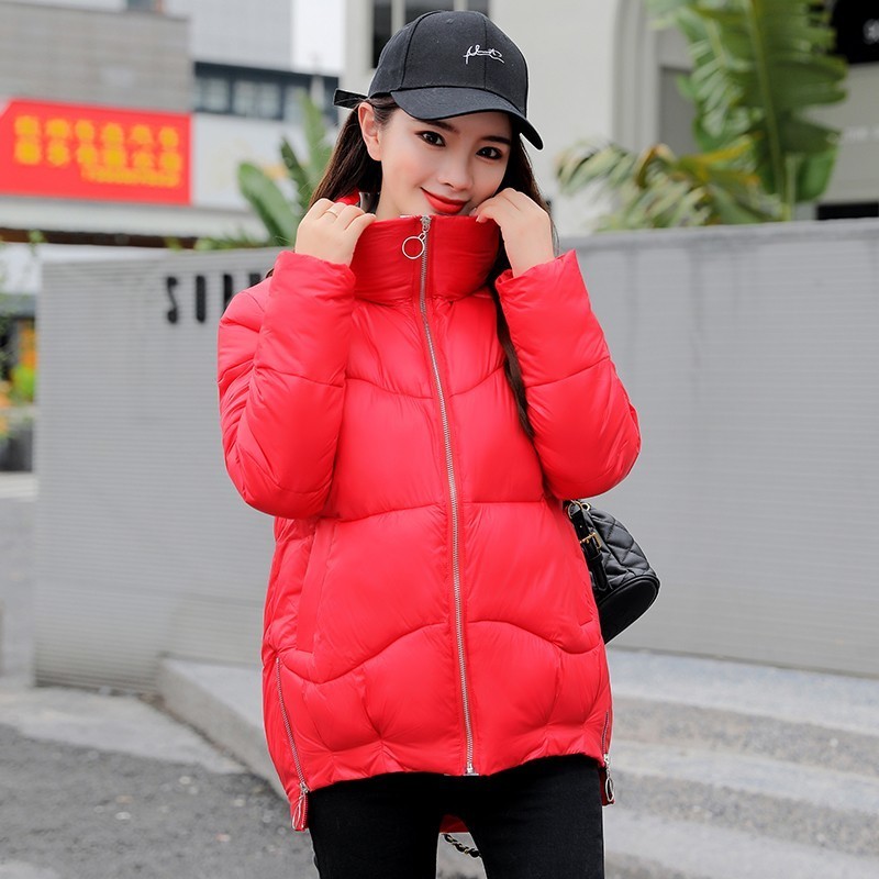Winter New Womens Asymmetry Solid Color Stand Collar Padded Coat Women Zipper Soft Glossy Thick Jackets Streetwear 201019