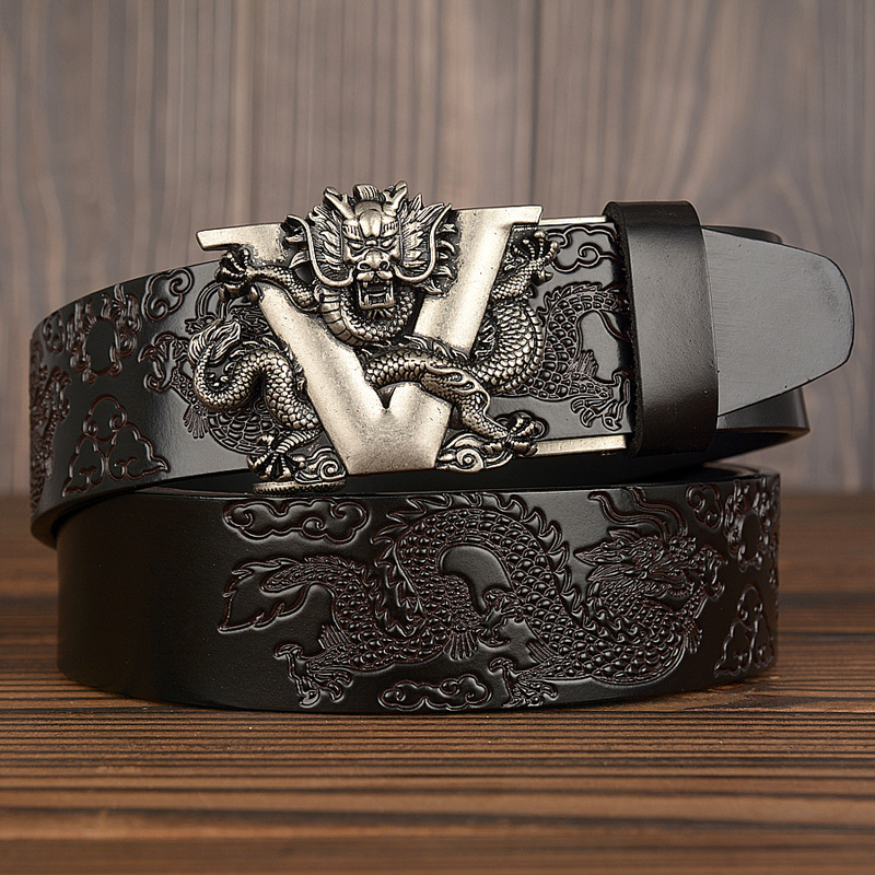 New Male China Dragon Belt Cowskin Genuine Leather Belt for Men Carving Dragon Pattern Automatic Buckle Belt Strap For Jeans 201117